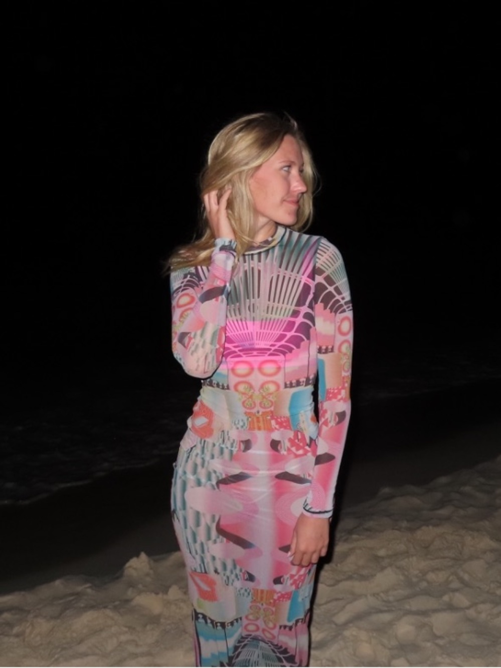 SKIMS Long-Sleeve Multicolor Geometric Maxi Dress - Pink & Turquoise